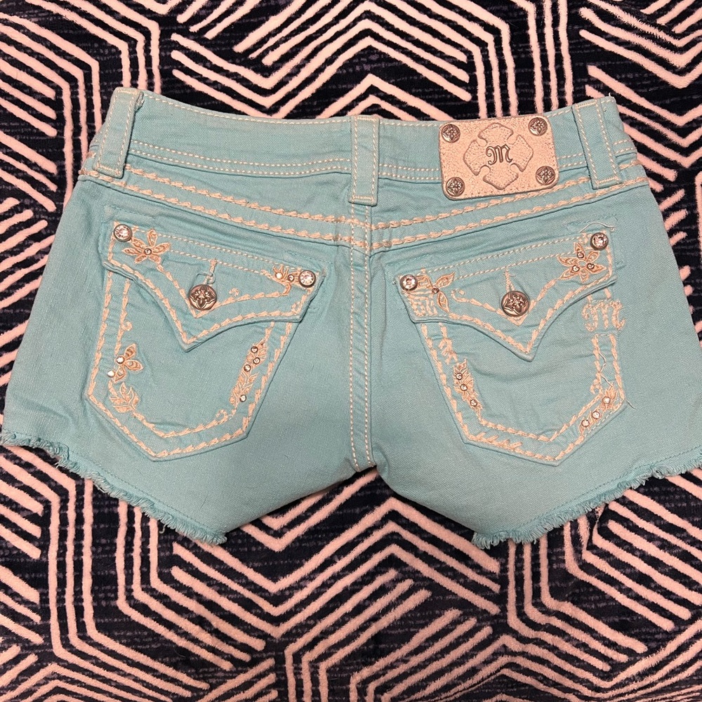 Miss Me Aqua Teal Blue Jean Shorts with Embellished Pockets